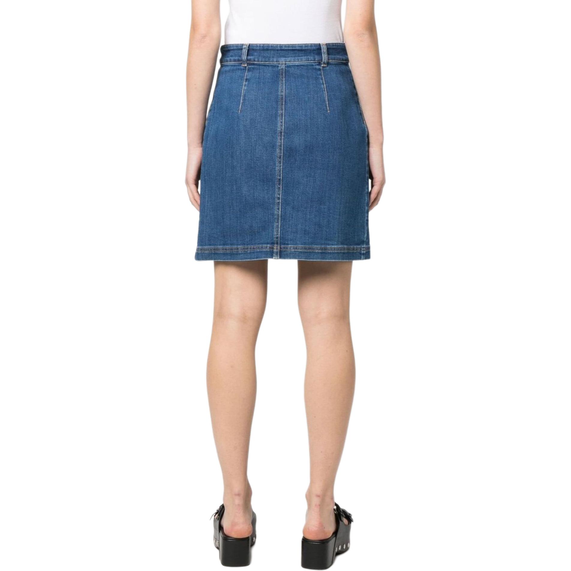 Shop (W) 모스키노 블루 데님 미니 스커트 버튼 클로저 사이드 포켓 WA0118-0522-0295