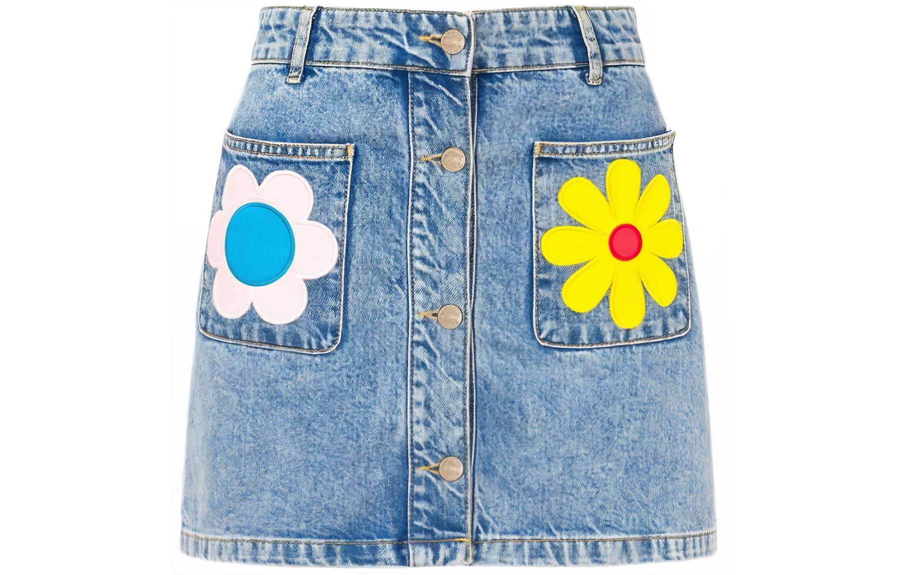 (Women) MOSCHINO  Blue Minimalist Floral Embroidered Denim Mini Skirt. A0103-3236-1295