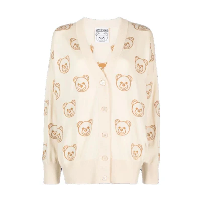 (Women) MOSCHINO Ivory Teddy Bear Print Knit Cardigan Long Sleeve Sweater A0931-5502-2004