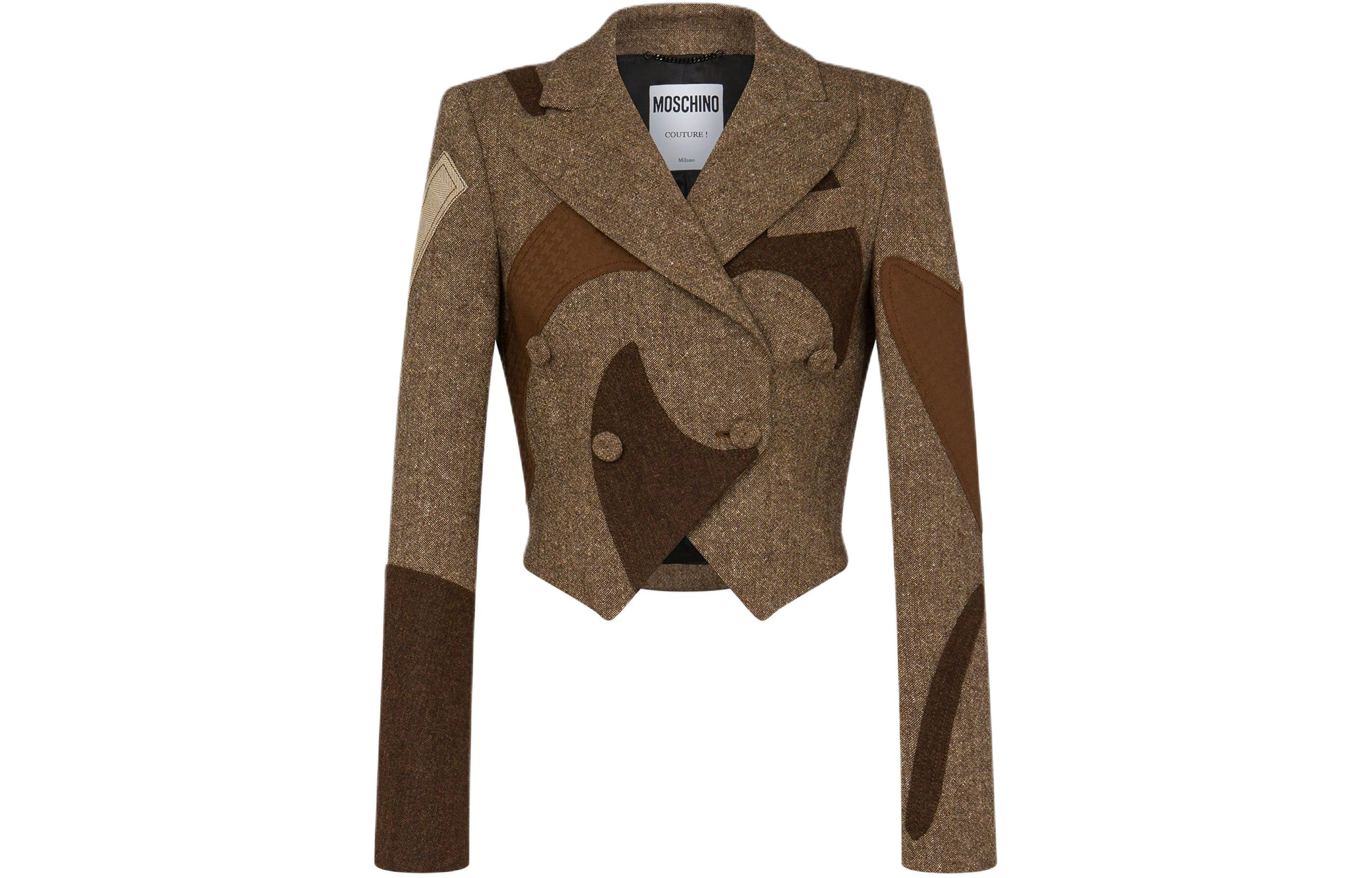 (Women) MOSCHINO  Patchwork Cropped Wool Blend Double-Breasted Jacket - Brown. A0507-5514-2092