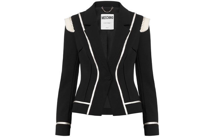 (Women) MOSCHINO  Slim Fit V-Neck Embroidered Shoulder Blazer Black FW21 MAM211A0517-0424-0555