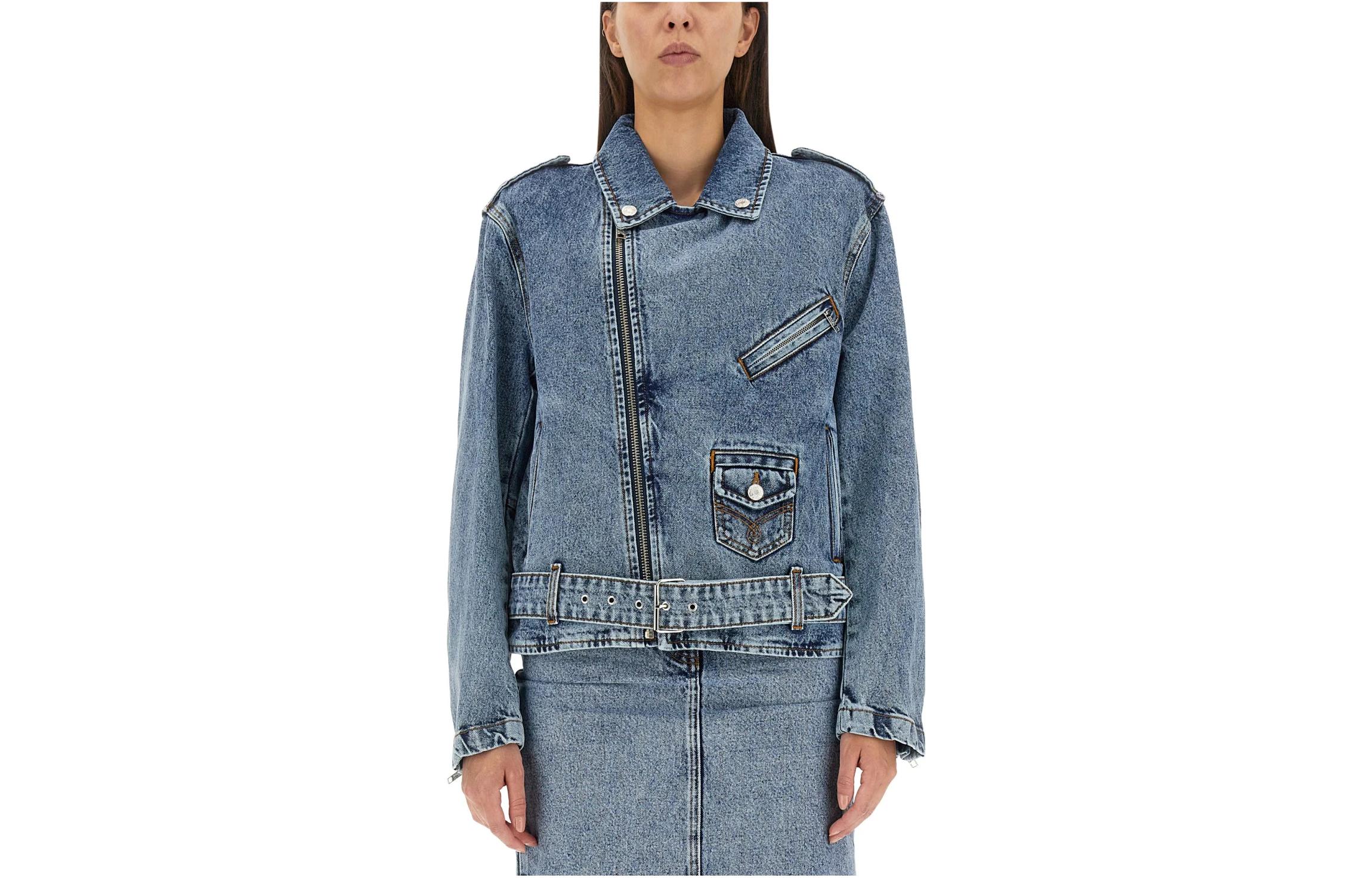 (Women) MOSCHINO  Solid Zip-Up Denim Jacket Blue Long Sleeve 0509-8235-1281