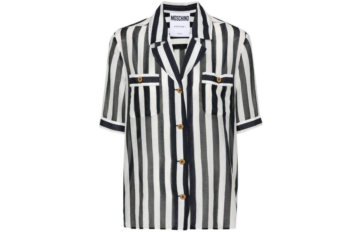 (Women) MOSCHINO  Striped Color-Block Short-Sleeve Shirt Black White A0208-0544-1555