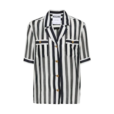 (Women) MOSCHINO Striped Color-Block Short-Sleeve Shirt Black White A0208-0544-1555