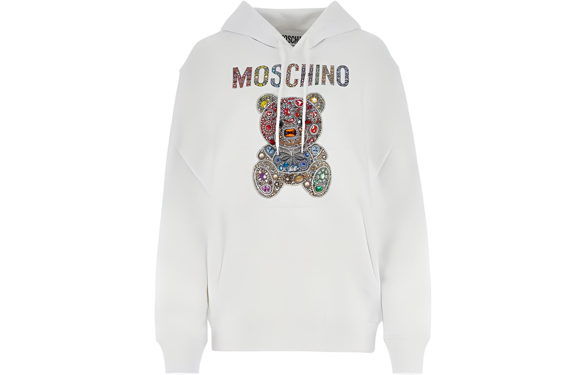 (Women) MOSCHINO  White Crystal Letter Bear Graphic Oversized Hoodie. V1708-5428-1001