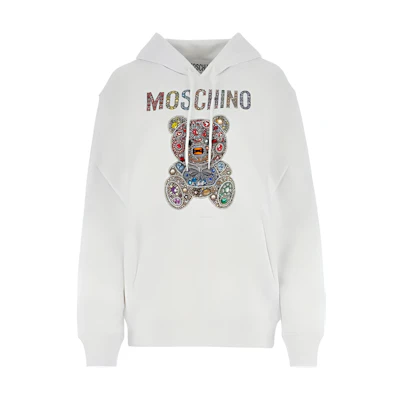 (Women) MOSCHINO White Crystal Letter Bear Graphic Oversized Hoodie. V1708-5428-1001