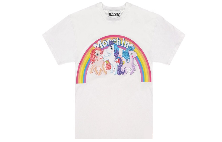 (Women) MOSCHINO  White Rainbow Horse Graphic Print Short Sleeve T-Shirt 3XT0796-4040-1001