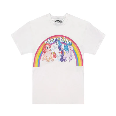 (Women) MOSCHINO White Rainbow Horse Graphic Print Short Sleeve T-Shirt 3XT0796-4040-1001