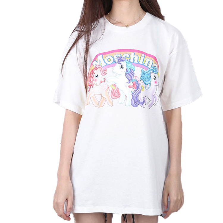Details for (W) MOSCHINO Camiseta Blanca Gráfica de Caballo Arcoíris Manga Corta. 3XT0796-4040-1001