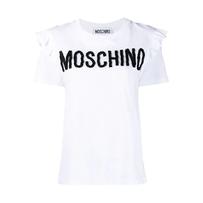 (Women) MOSCHINO White Ruffled Satin Logo Short Sleeve T-Shirt. J0701-5440-1001