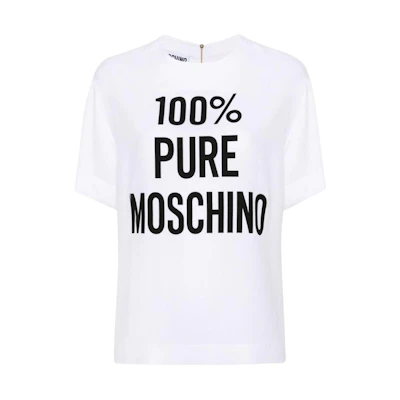 (Women) MOSCHINO White Short-Sleeve Shirt with Letter Print and Zipper Detail J0215-0533-1001