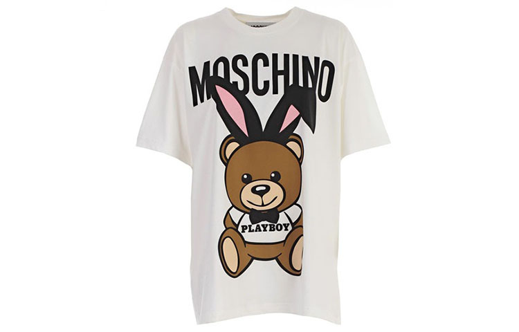 (Women) MOSCHINO  White T-Shirt with Bunny Ear Teddy Bear Design. V0703-0540-1001