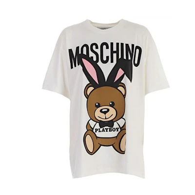(Women) MOSCHINO White T-Shirt with Bunny Ear Teddy Bear Design. V0703-0540-1001