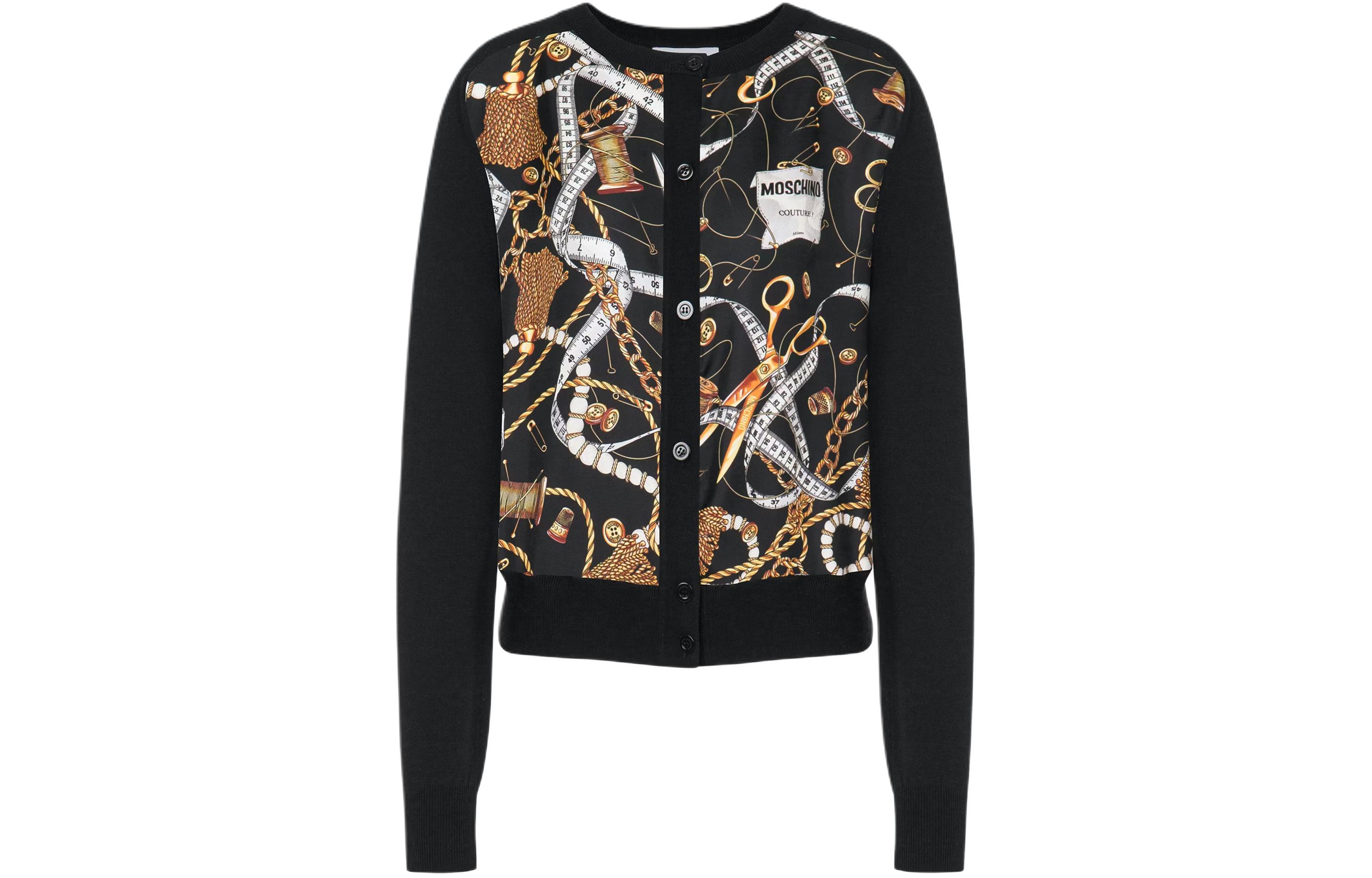 (Women) MOSCHINO Allover Wool Cardigan  Black Simple Button-Up Sweater. A0916-5500-1555