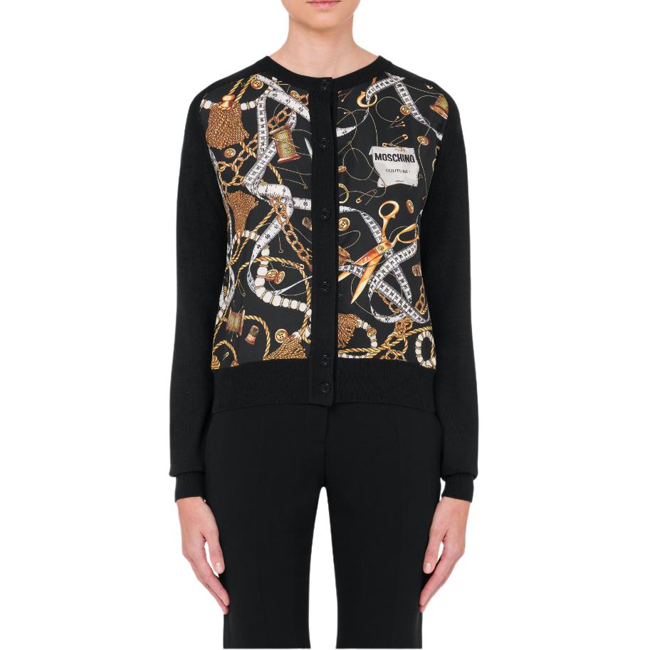 Lookbook (W) 모스키노 올오버 울 가디건 블랙 버튼업 심플 스웨터. A0916-5500-1555