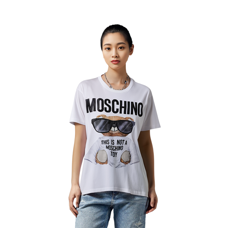Sizing (W) MOSCHINO 女裝小熊刺繡短袖白色寬鬆T恤。 E-V0706-5540-1001