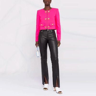 (W) 모스키노 FW21 핑크 싱글 브레스티드 크롭 자켓. A0505-5525-0217 Lookbook (W) 모스키노 FW21 핑크 싱글 브레스티드 크롭 자켓. A0505-5525-0217