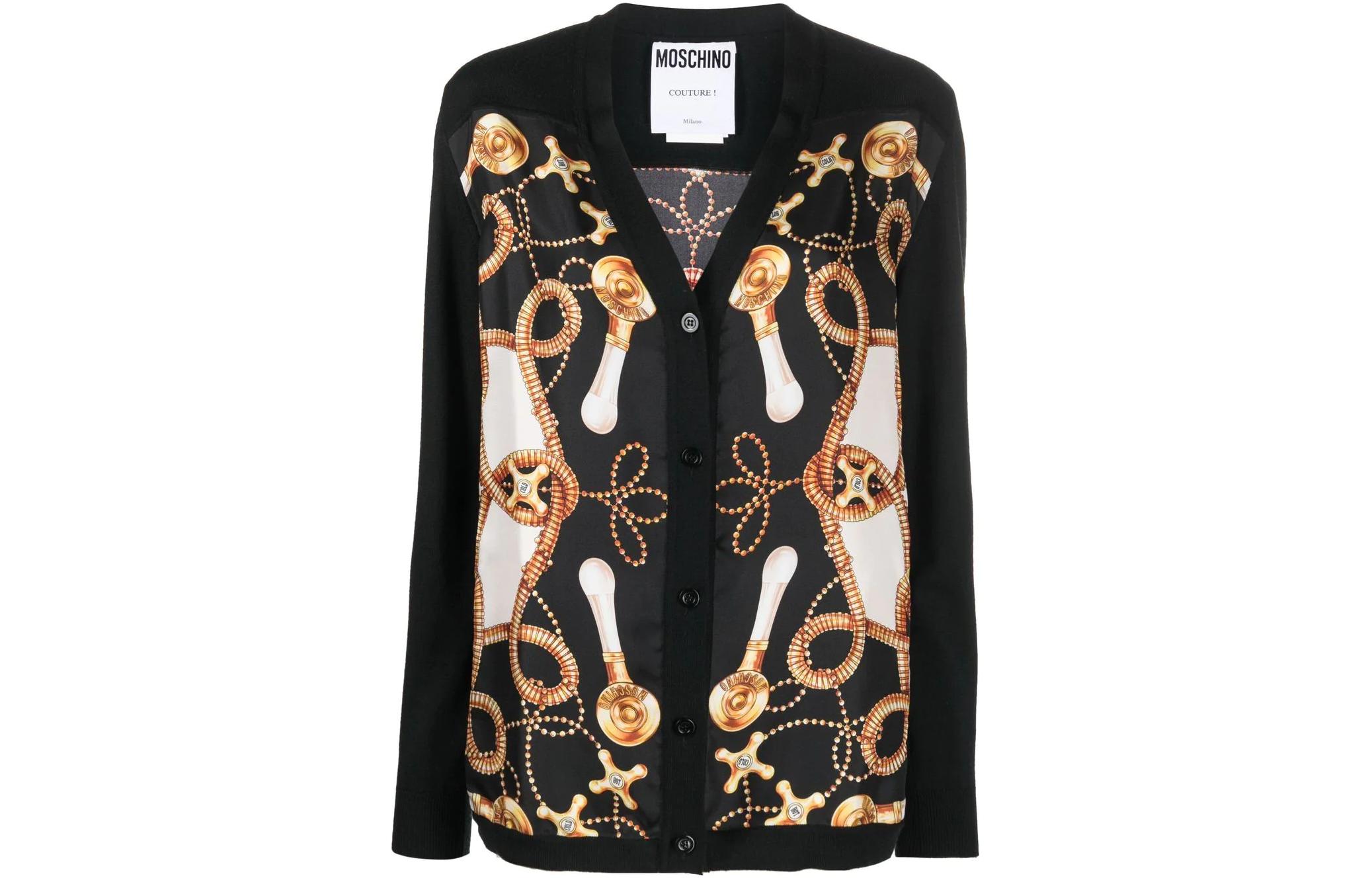 (Women) MOSCHINO FW22  Black V-Neck Patterned Wool Cardigan Sweater. J0925-5400-1555