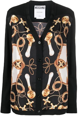 (W) 모스키노 FW22 블랙 브이넥 패턴 울 가디건 스웨터. J0925-5400-1555 Buy (W) 모스키노 FW22 블랙 브이넥 패턴 울 가디건 스웨터. J0925-5400-1555