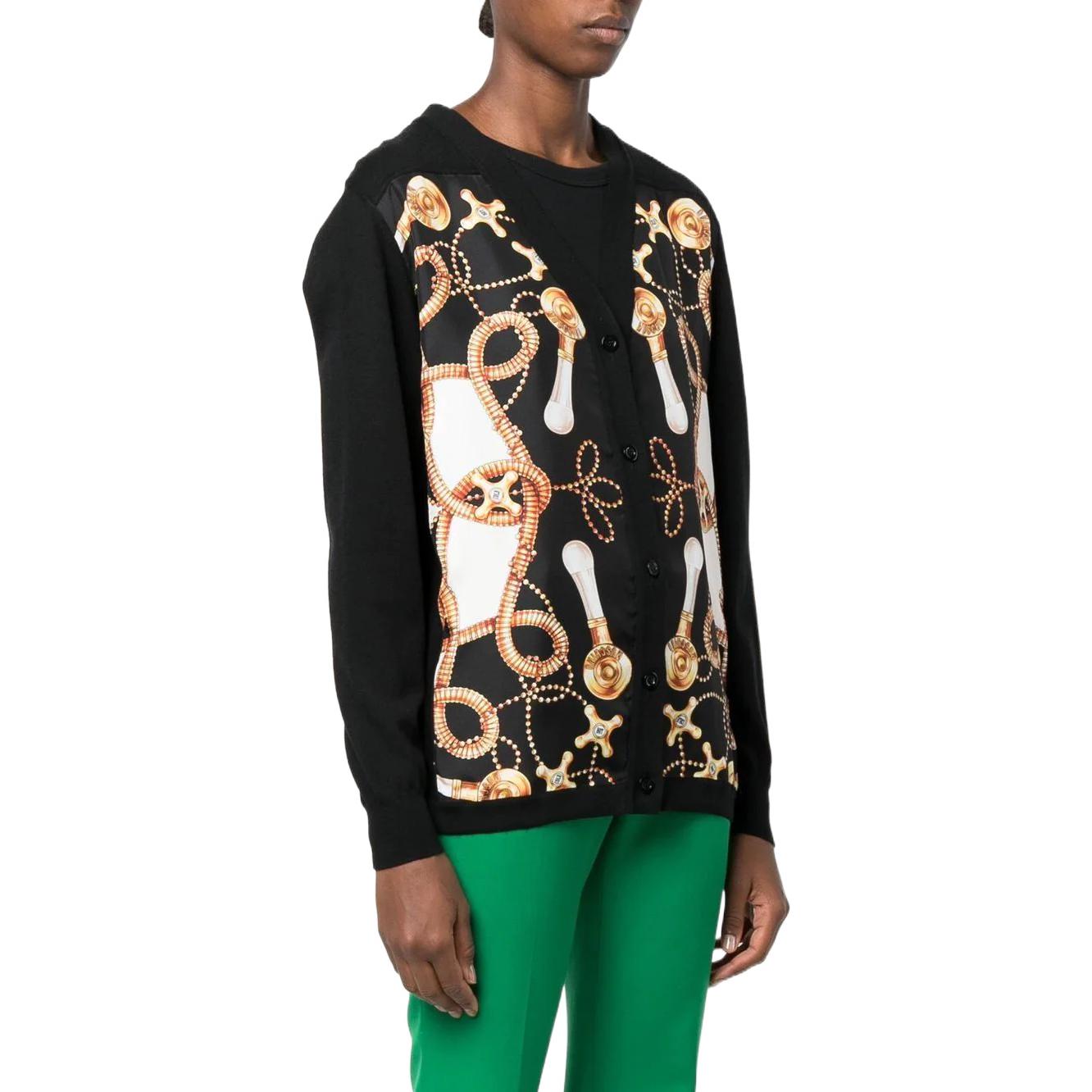 Purchase (W) 모스키노 FW22 블랙 브이넥 패턴 울 가디건 스웨터. J0925-5400-1555