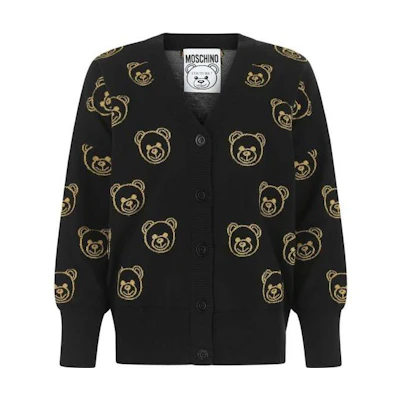 (Women) MOSCHINO FW22 Black Wool Knit Cardigan with Cartoon Bear Design. V0924-5401-1555