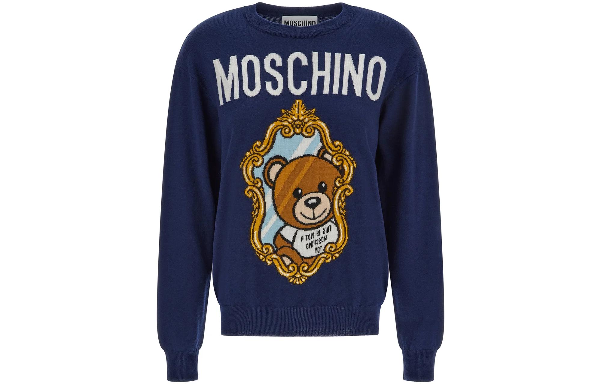(Women) MOSCHINO FW22  Blue Knit Sweater with Lettering and Bear Pattern Design. V0923-5401-2287