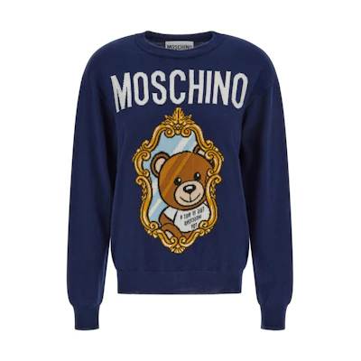 (Women) MOSCHINO FW22 Blue Knit Sweater with Lettering and Bear Pattern Design. V0923-5401-2287