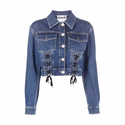 (Women) Moschino FW22 Cropped Tie Button Denim Jacket Blue A05325522
