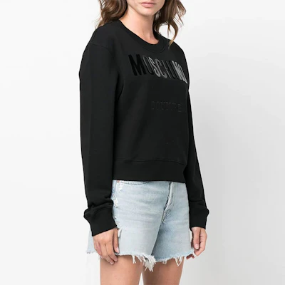 (Women) Moschino FW22 Black Crewneck Sweatshirt with Logo Embroidery A1716-5528-4555 Purchase (Women) Moschino FW22 Black Crewneck Sweatshirt with Logo Embroidery A1716-5528-4555