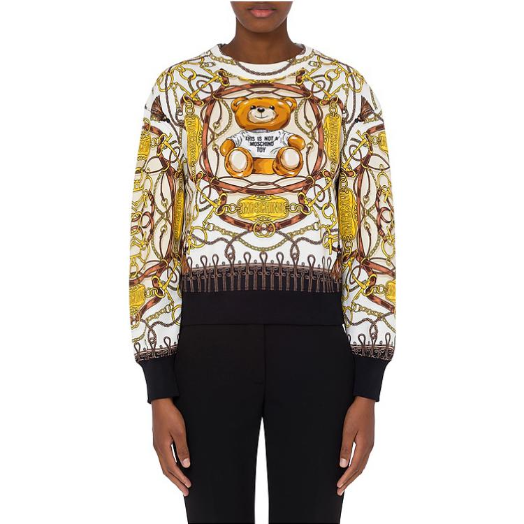 Lookbook (W) 모스키노 FW22 테디베어 프린트 크루넥 풀오버 스웨트셔츠 브라운. AEF222E-0A17055527-1003