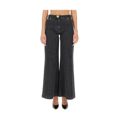 (Women) MOSCHINO FW23 Black Flared Denim Jeans with Zipper Front Design. A0334-5423-0555