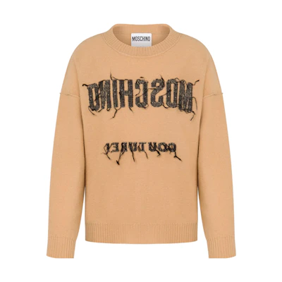 (Women) MOSCHINO Letter Print Crewneck Oversized Sweater Beige (). A0935-5503-1018