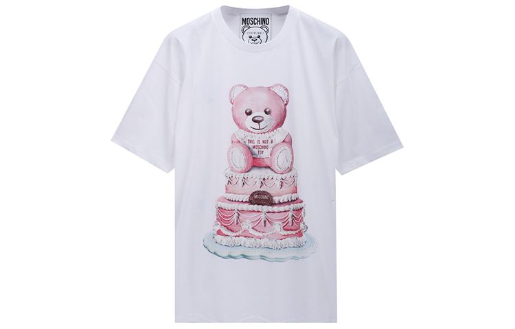 Order (W) MOSCHINO Pink Cake Teddy Bear T-Shirt Wanita Putih Loose Fit Cotton Z-V0702-5440-1001