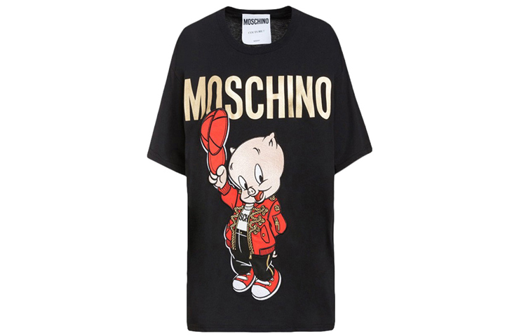 (Women) MOSCHINO SS21  Black Oversized Cartoon Pig Graphic Tee. D-1A0779-1040-1555
