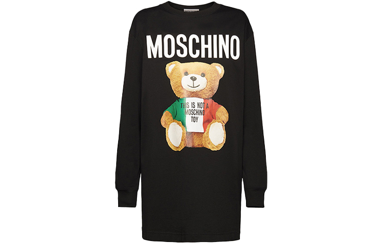 Order (W) MOSCHINO SS21 Gaun Lengan Panjang Hitam Cetak Teddy Bear 0707-0540-1555