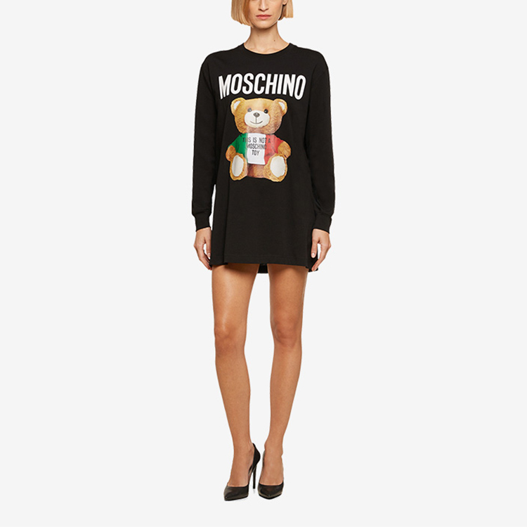 Lookbook (W) MOSCHINO SS21 Gaun Lengan Panjang Hitam Cetak Teddy Bear 0707-0540-1555