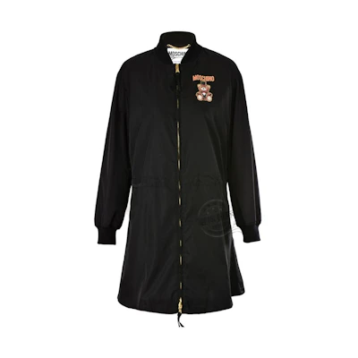 (Women) MOSCHINO SS23 Black Long Trench Coat with Teddy Bear Embroidery. EA0609-0515-1555