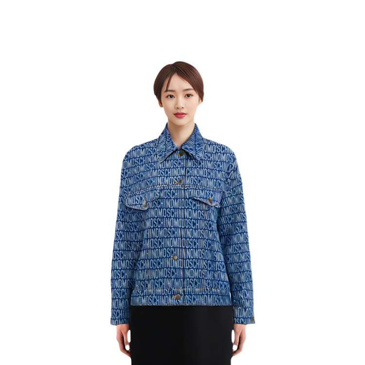 Details for (W) MOSCHINO SS23 Jaket Denim Biru dengan Cetakan Logo Seluruh Badan A0501-2723-1299