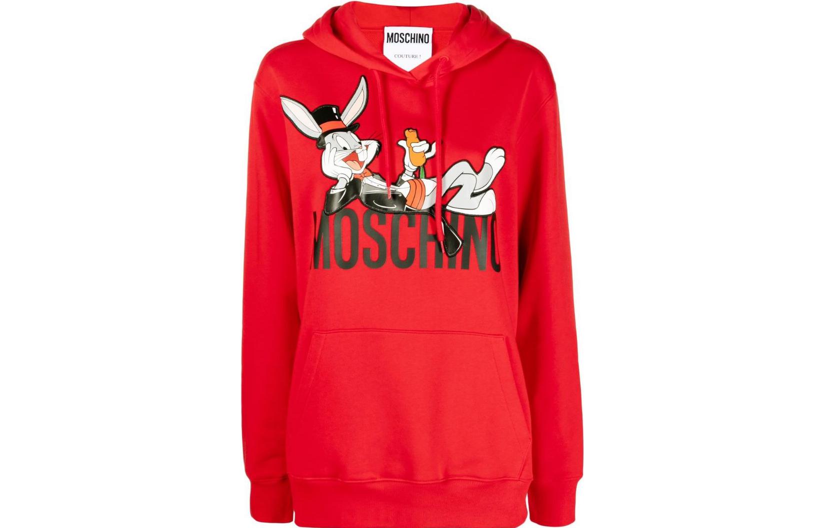 (Women) MOSCHINO SS23  Red Hoodie with Cartoon Rabbit and Letter Print. A1779-1028-1115