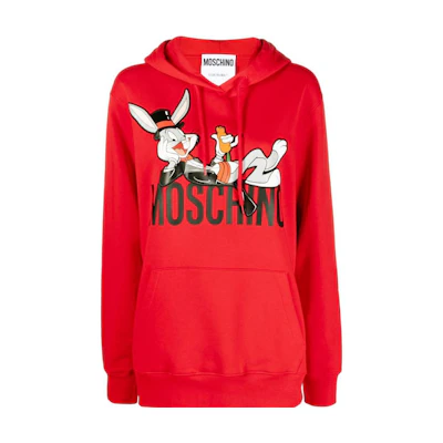 (Women) MOSCHINO SS23 Red Hoodie with Cartoon Rabbit and Letter Print. A1779-1028-1115