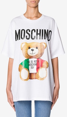 (W) 모스키노 테디베어 만화 프린트 코튼 화이트 반팔 티셔츠 여성용. V0708-0540-1001 Lookbook (W) 모스키노 테디베어 만화 프린트 코튼 화이트 반팔 티셔츠 여성용. V0708-0540-1001