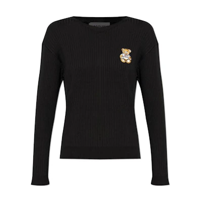 (Women) MOSCHINO Teddy Bear Graphic Black Knit Pullover Sweater Crewneck. V0929-5500-0555