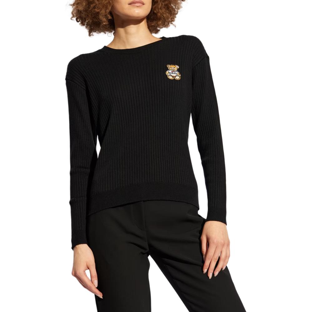 Shop (W) モスキーノ テディベア グラフィック ブラック ニット プルオーバー クルーネック. V0929-5500-0555