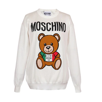 (Women) Moschino Teddy Bear Logo Print Knit Sweater White Long Sleeve. V0910-0502-1002