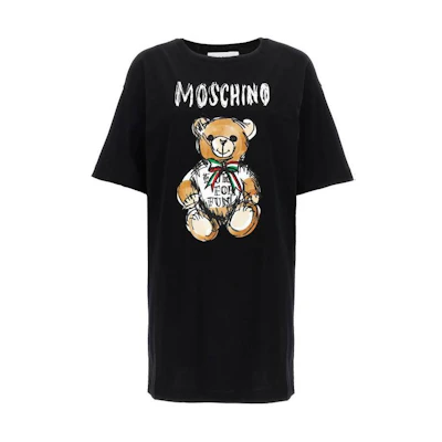 (Women) MOSCHINO Teddy Bear Print Oversized Black Crewneck T-Shirt Womens Casual V0452-0541-1555