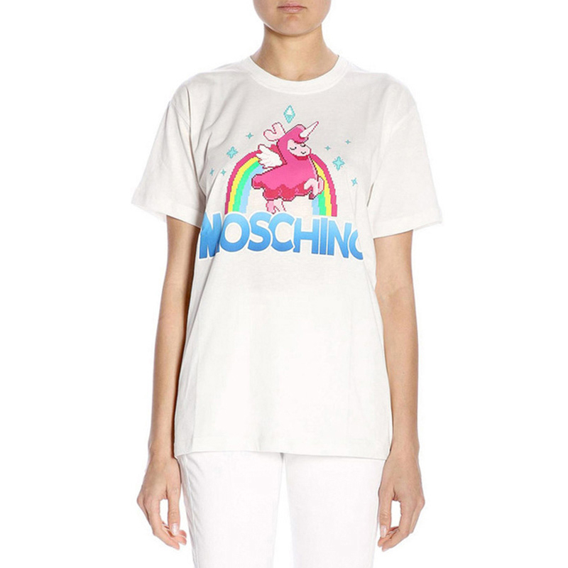Shop (W) MOSCHINO 獨角獸印花棉質寬鬆T恤 女款 白色 3XA0774-9140-1002