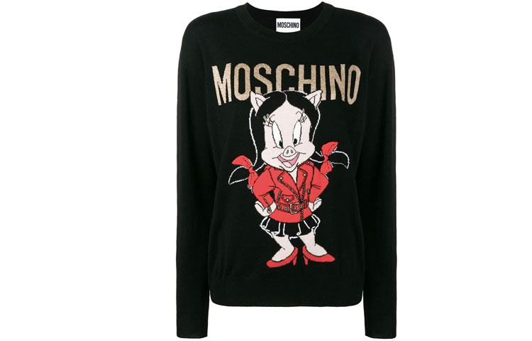 (Women) MOSCHINO x Little Pig Cartoon Knit Wool Sweater Black ( Loose Fit). A0991-1000-1555