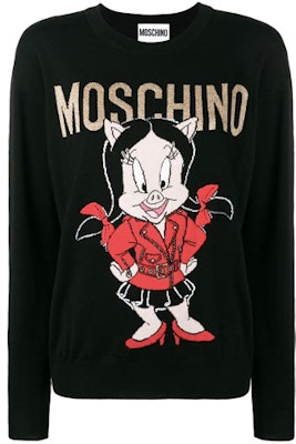 (W) MOSCHINO x Little Pig Baju Wool Kartun Hitam (Potongan Longgar). A0991-1000-1555 Buy (W) MOSCHINO x Little Pig Baju Wool Kartun Hitam (Potongan Longgar). A0991-1000-1555