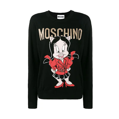 (Women) MOSCHINO Little Pig Cartoon Knit Wool Sweater Black ( Loose Fit). A0991-1000-1555