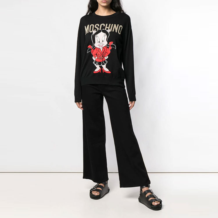 Lookbook (W) MOSCHINO x Little Pig Baju Wool Kartun Hitam (Potongan Longgar). A0991-1000-1555